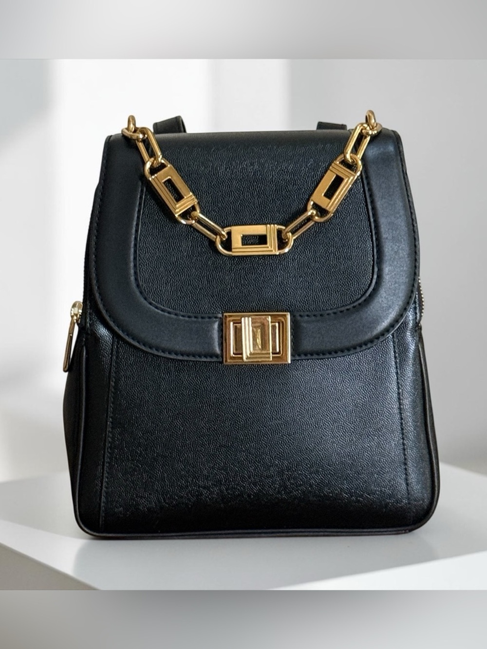 Karl Lagerfeld Classic Black Leatherette Backpack with Gold Chain and Trim